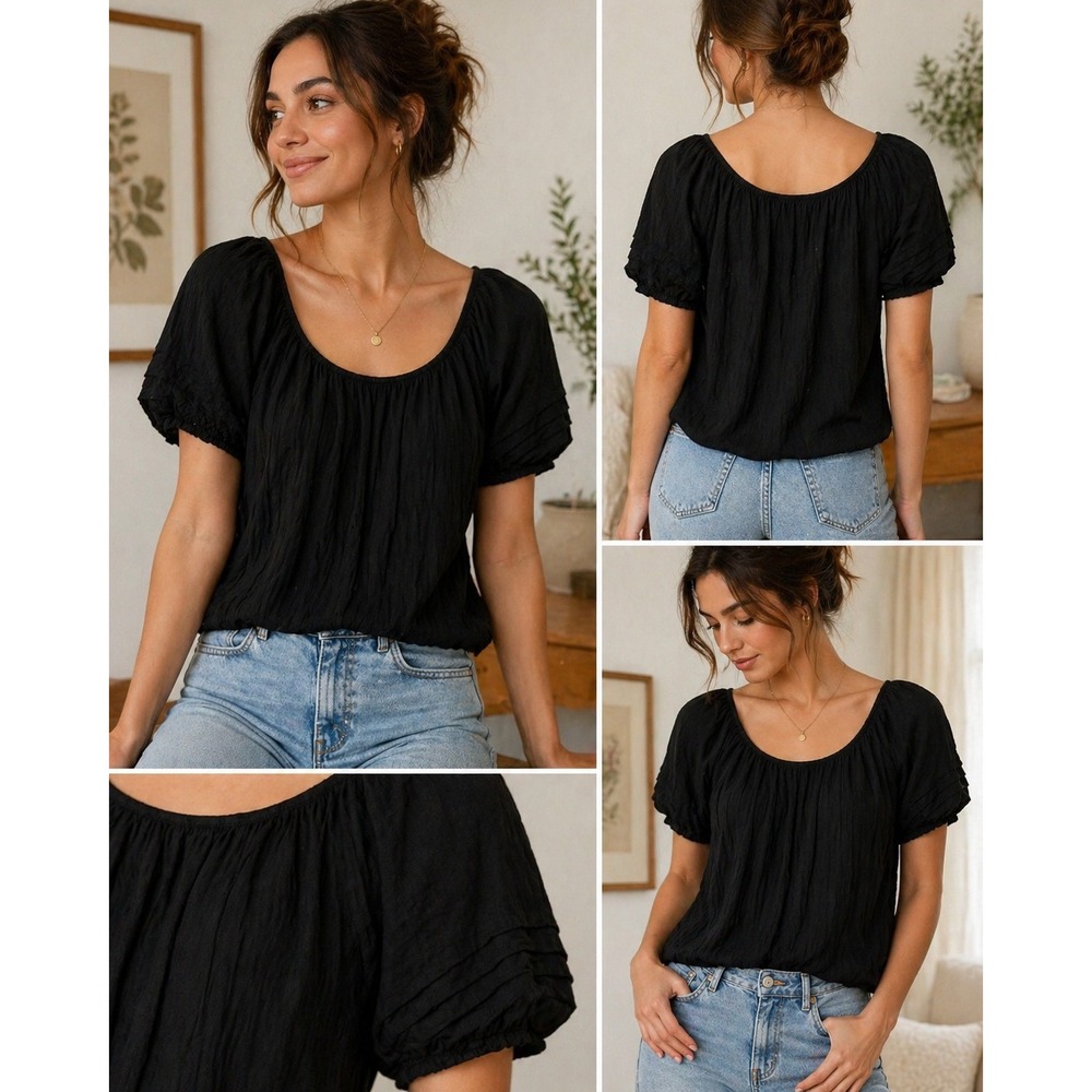 Studio M Puff Sleeve Blouse Women XS Black Cottagecore Romantic AM07A36